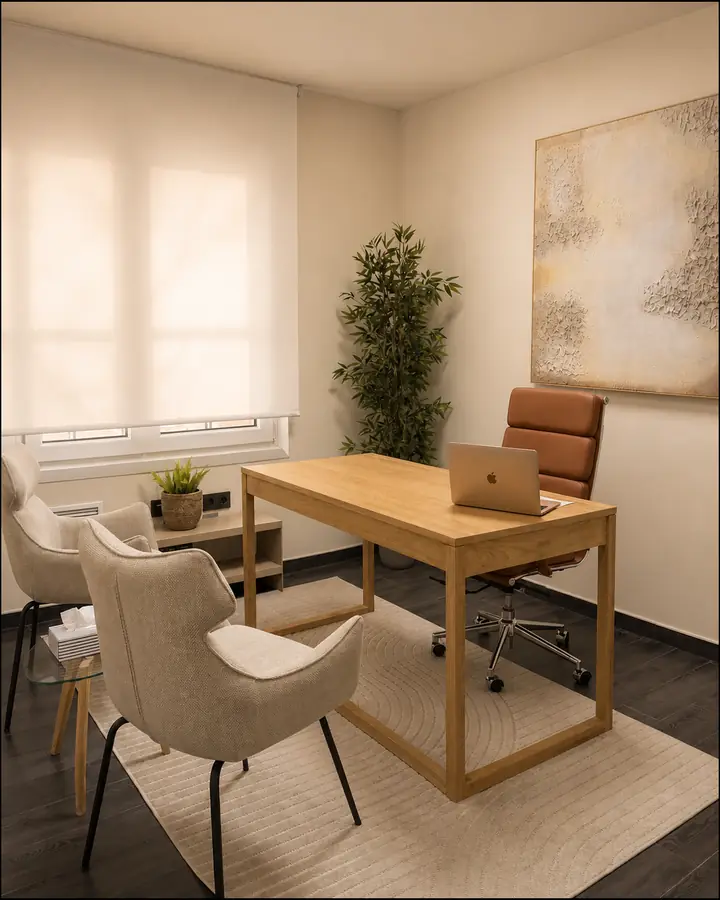 La consulta de Elphis Psicología: dos butacas claras frente a una mesa de madera, con una planta y un cuadro en tonos cálidos.
