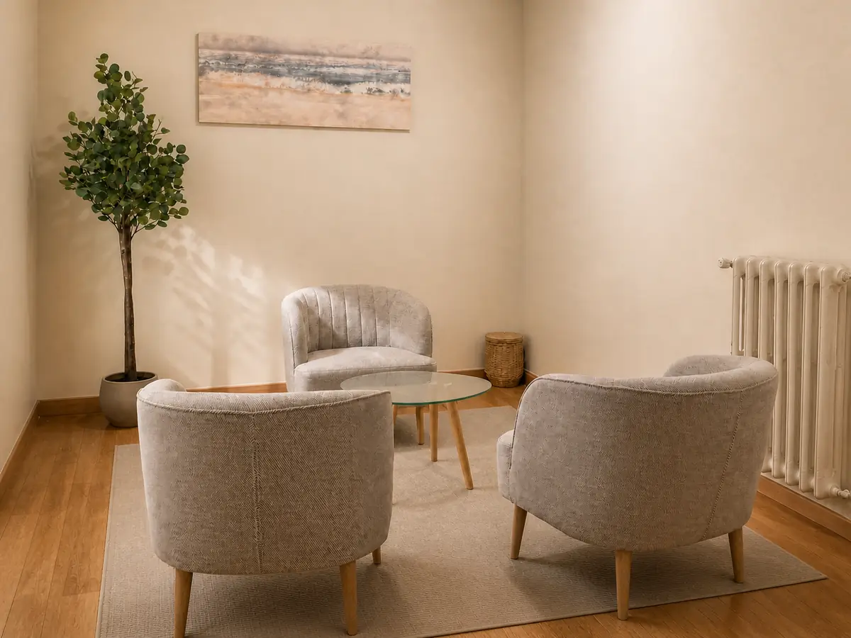 La sala de terapia de Elphis Psicología: tres butacas alrededor de una mesa baja de cristal, con un árbol y un cuadro claro.
